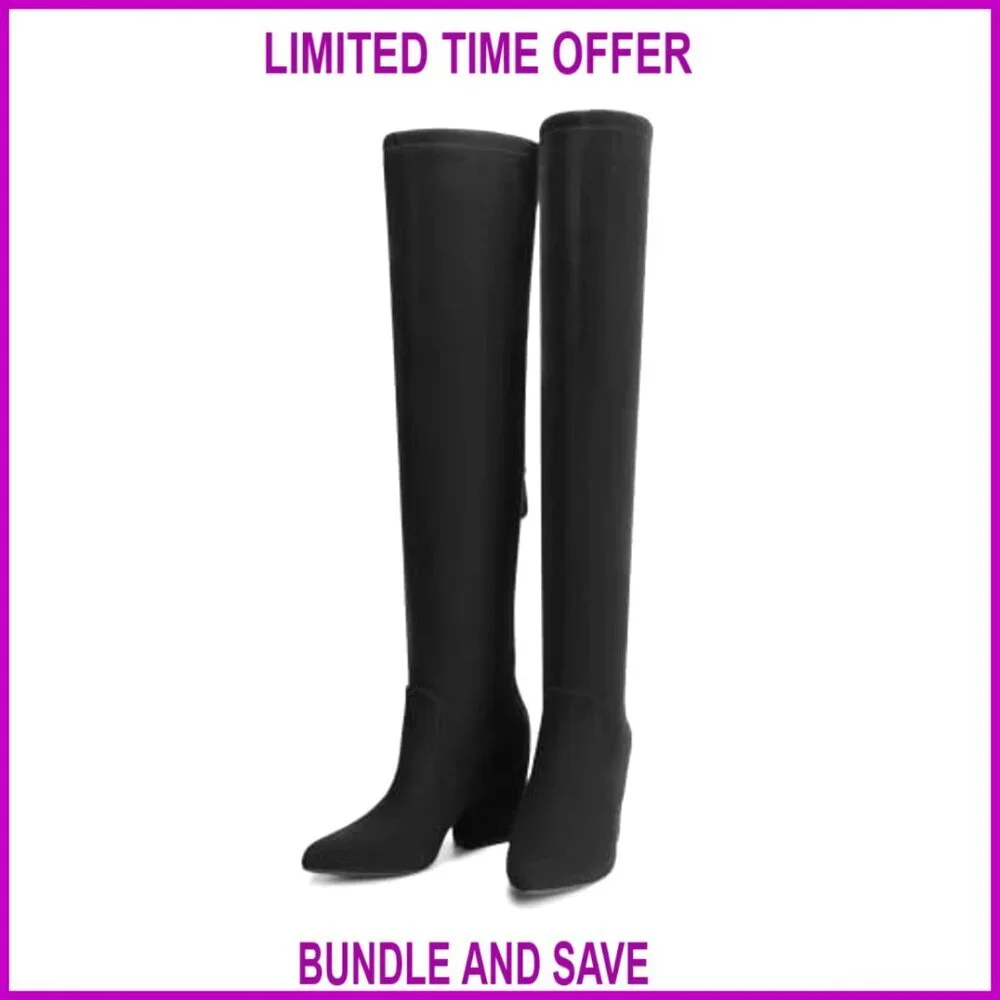 Pointed Toe Thigh High Boots Chunky Block Heel Over the Knee